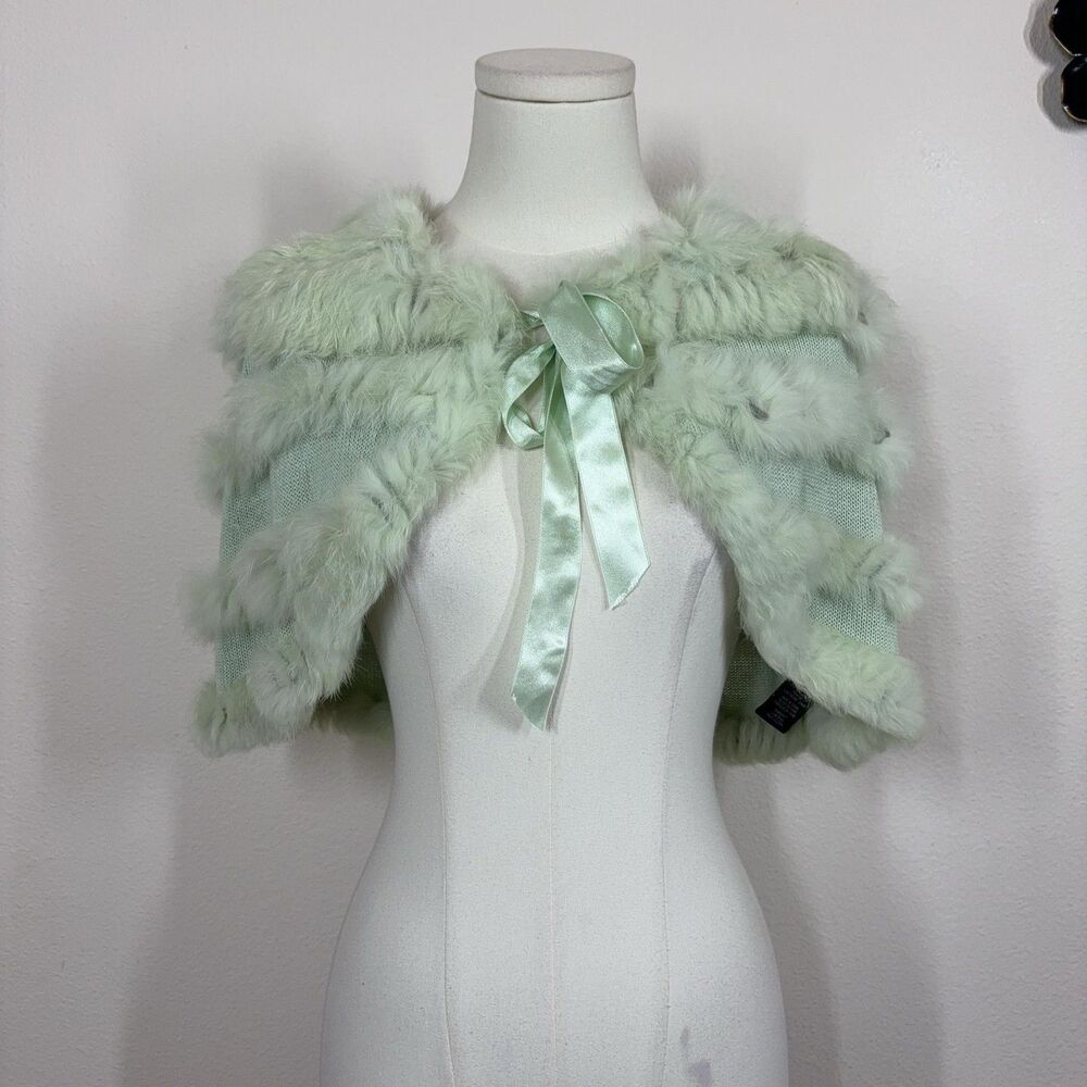 Vintage Bebe Fur Trim Shawl Wrap Womens Green Knit Cape Rabbit Silk Blend Y2K
